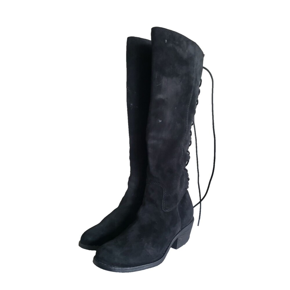 Aqua Sofft “Sharnell” Black Suede Knee High Boots Lace Up Water Resistant 6.5M